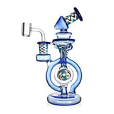 Blue Wig Wag Orb recycler glass rig with 14mm 90 degree quartz banger and wig wag accents on clear glass body side view