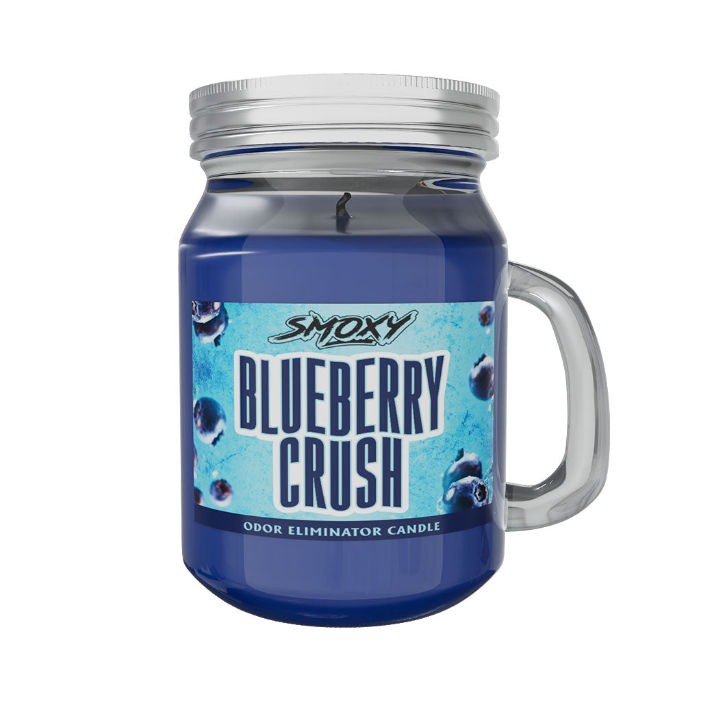 Blueberry Crush Mini Odor Eliminator Candle in blue jar – perfect for smoke odor control