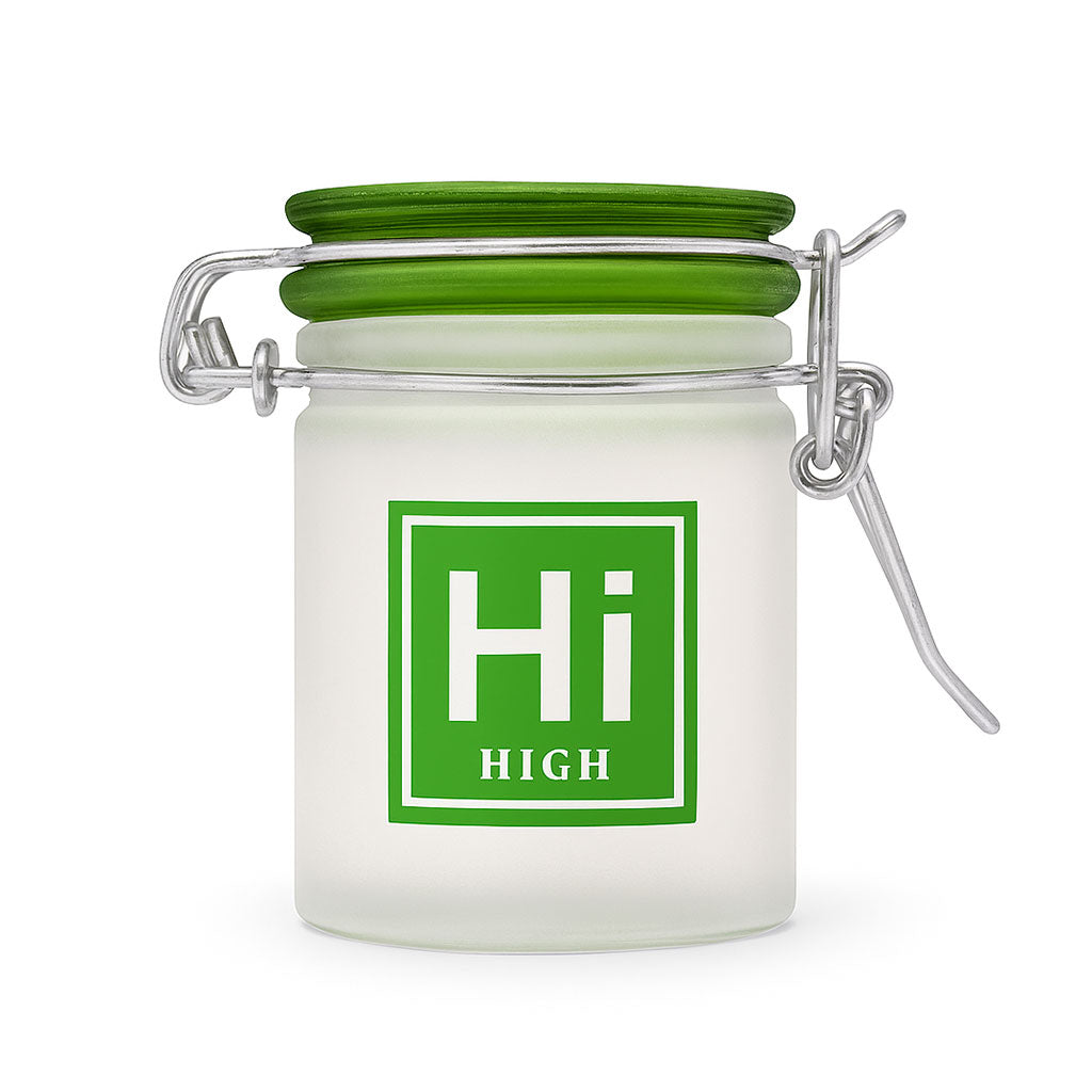 FROSTED GLASS "HI" PERIODIC SYMBOL STASH JAR