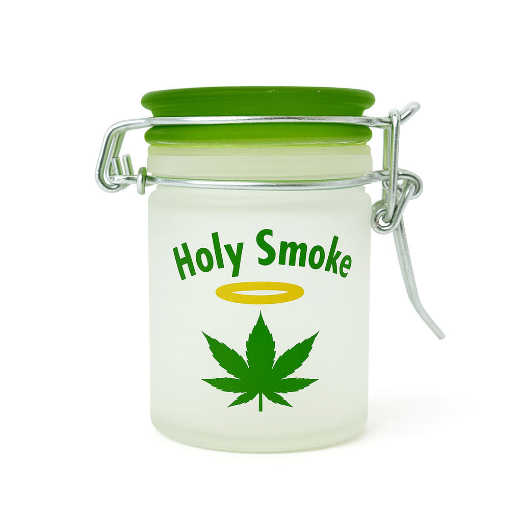 FROSTED GLASS HOLY SMOKE AIRTIGHT GREEN LID STORAGE JAR