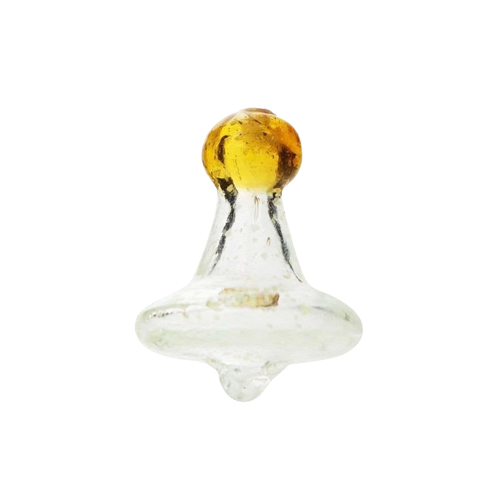 Glow In Dark Directional Carb Cap Front View Featuring Clear Glass Design With Amber Grip Handle