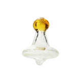 Glow In Dark Directional Carb Cap Front View Featuring Clear Glass Design With Amber Grip Handle