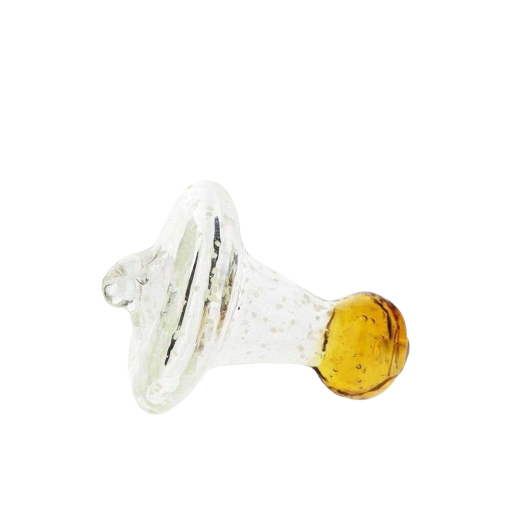 Glow In Dark Directional Carb Cap Side View With Clear Glass Body And Amber Grip For Dab Rigs
