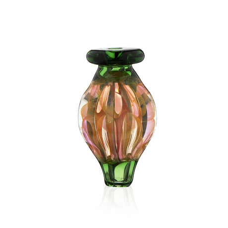 Green snaked glass round directional carb cap by Fat Ass Glass shown in upright front view on a white background.