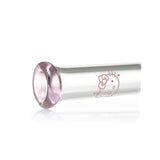 Detail view of Hello Kitty logo on pink glass beaker bong for sale