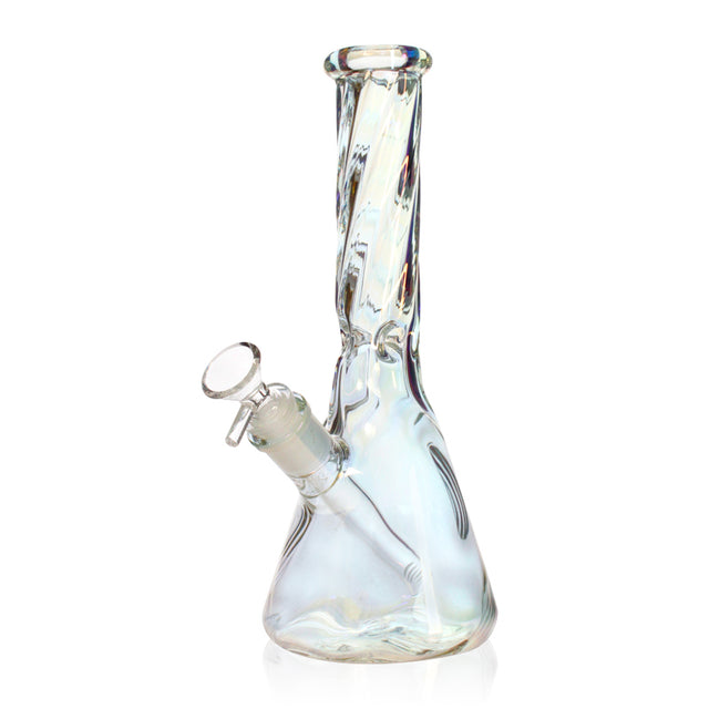Holographic 10-inch Rainbow Beaker glass bong with twisted neck and iridescent shine available at FGC