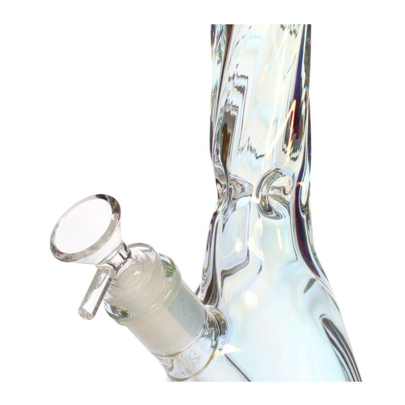 Joint and bowl section of holographic 10-inch Rainbow Beaker showcasing reflective glass detail