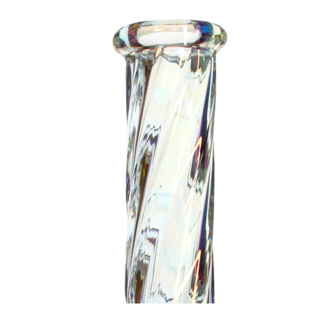 Close-up of holographic twisted neck design on 10-inch Rainbow Beaker glass water pipe