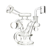 Angled view of a 5-inch 14mm Mini Recycler thick glass dab rig with recycler arms and quartz banger