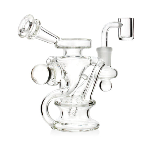 Angled view of a 5-inch 14mm Mini Recycler thick glass dab rig with recycler arms and quartz banger
