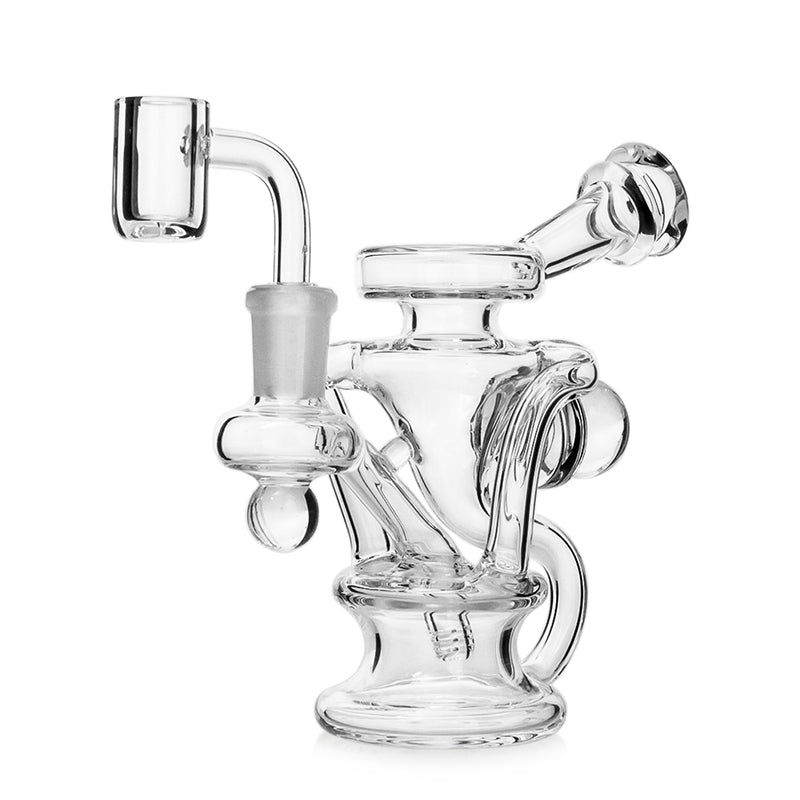 Side view of a 5-inch 14mm Mini Recycler glass rig showing the recycling chamber and angled mouthpiece