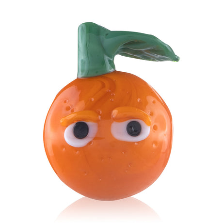 Close-up of Orange Dude glass carb cap from Fat Ass Glass showing orange round body, cartoon eyes, and green leaf top