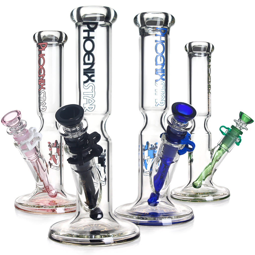 Multiple color options of 10" Phoenix Glass Straight Tube Bongs for sale 