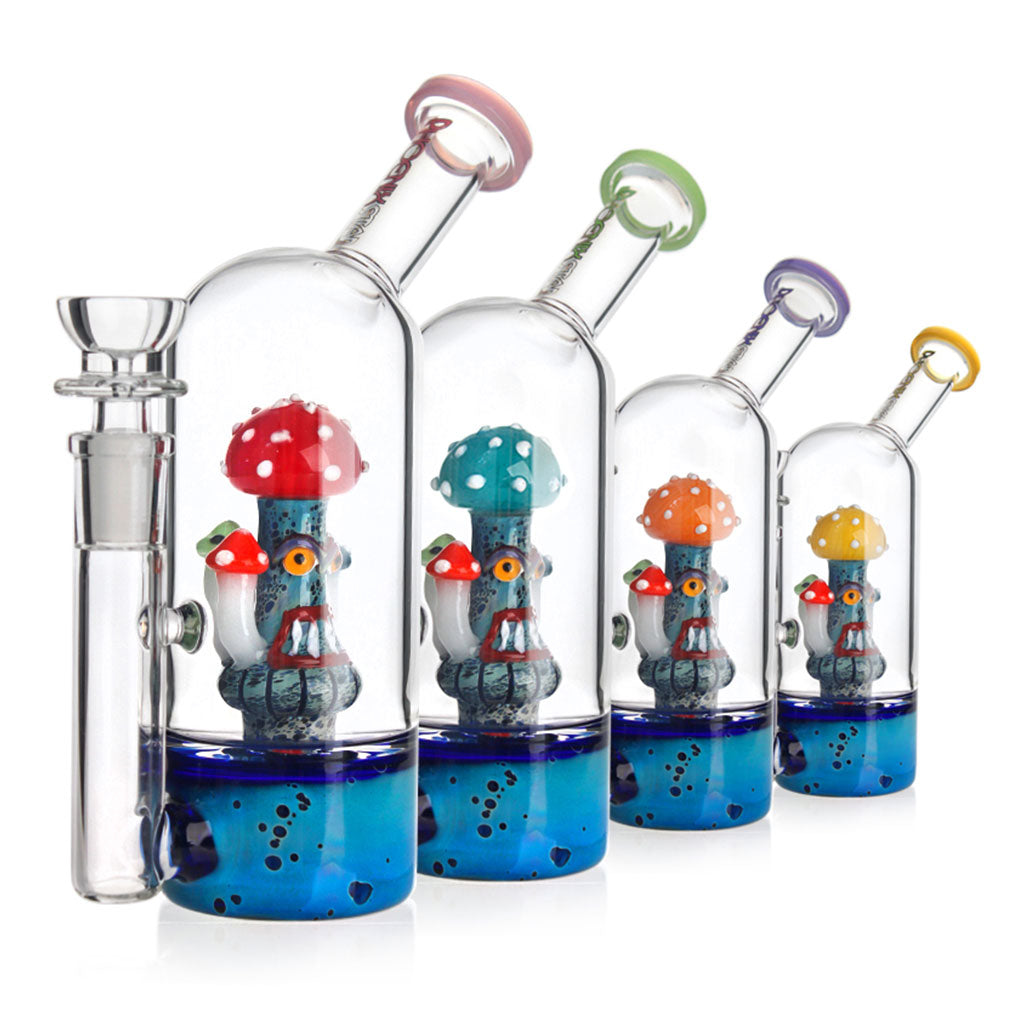 Various color accents Phoenix glass dab rig with specialty perc for sale at FGC, in stock with fast shipping