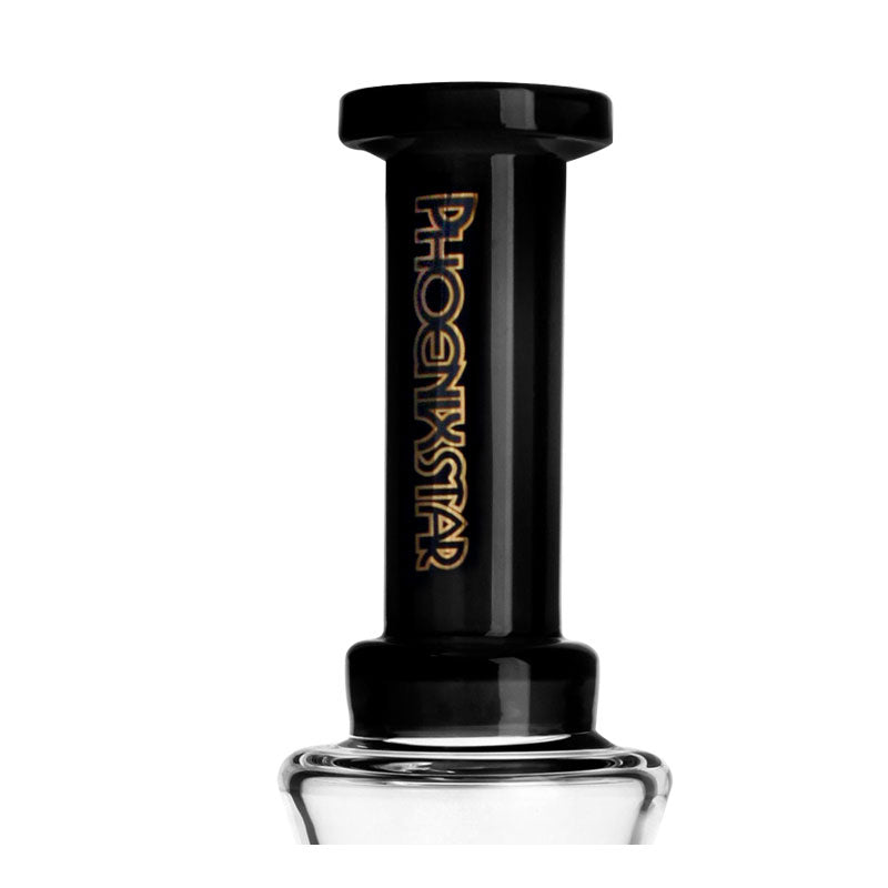 Closeup of Phoenix Star 10 inch pyramid percolator beaker bong black mouthpiece