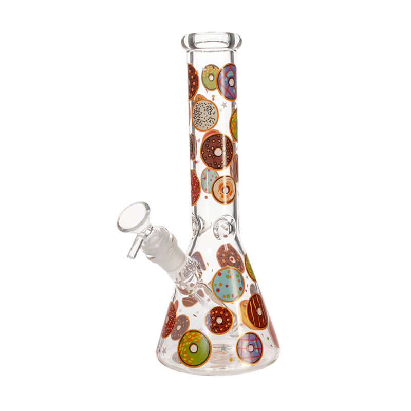 Phoenix Star 10-inch beaker bong with multicolor donut print on clear borosilicate glass and diffused downstem