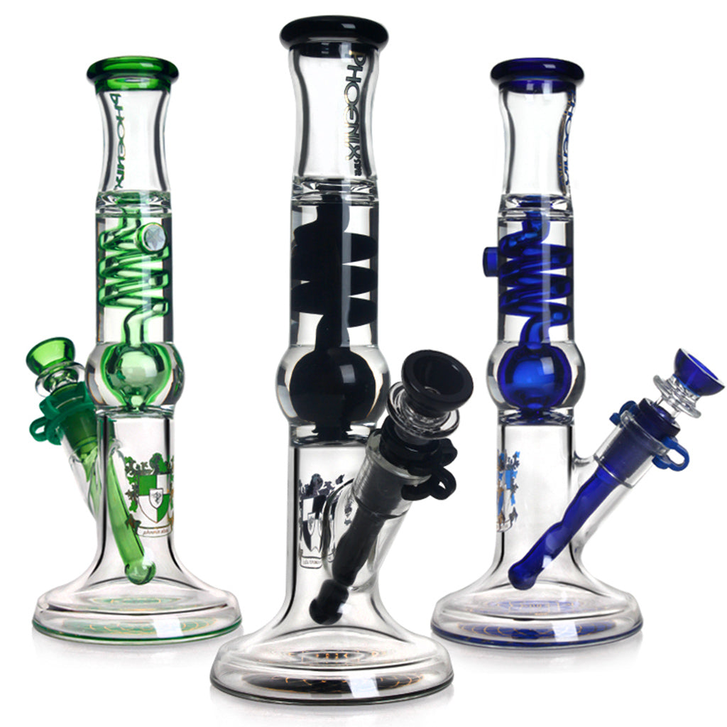 Shop 11 inch freezable Phoenix Star glycerin straight tube bongs – available in green, blue, and black accents, for sale online