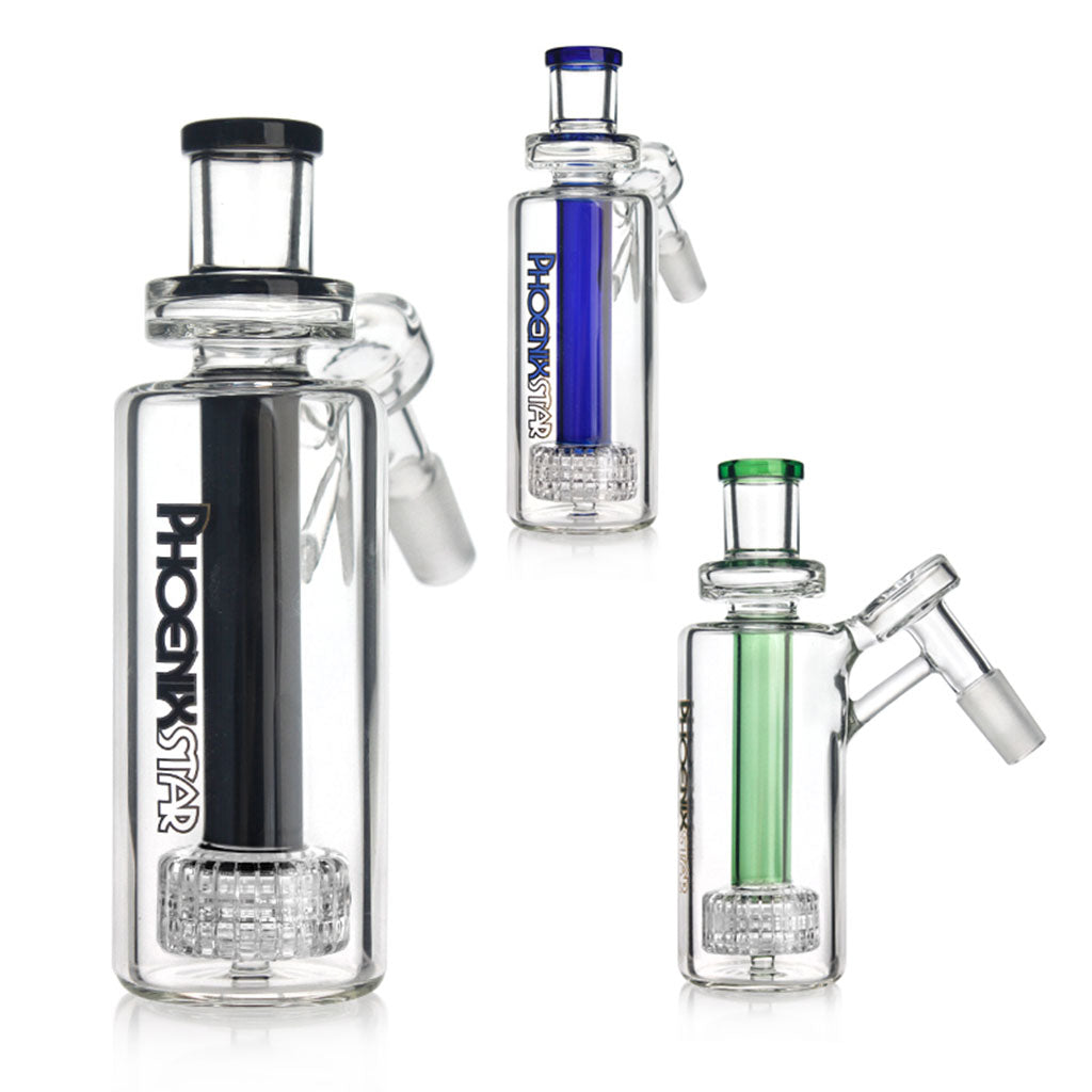 Various color Phoenix Star matrix perc ash catcher with 14mm female to male joint and 45 degree angle.