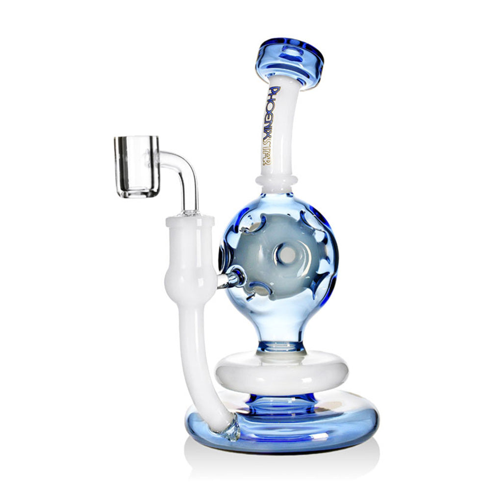 Angled view of the Phoenix Star 8 inch blue orb recycler dab rig, compact glass dab rig ready to add to cart.