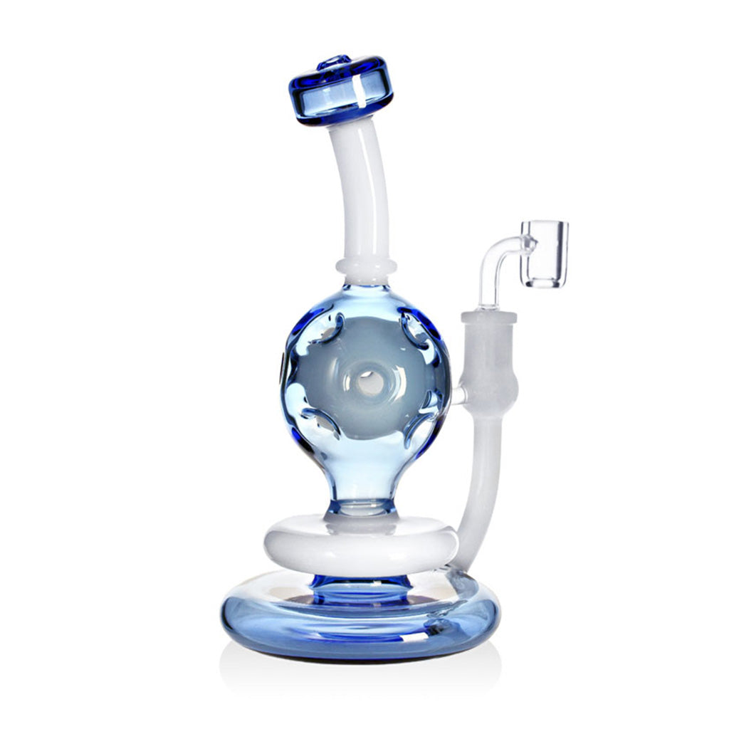 Side view of Phoenix Star blue orb recycler dab rig, 8 inch dab rig for smooth daily dabs, ready to buy online