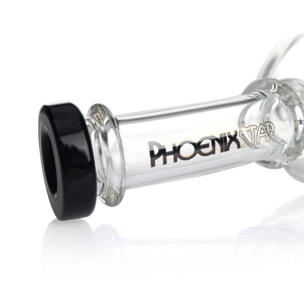 Closeup of Phoenix Star logo and black mouthpiece on the neck of the 9 inch recycler showerhead perc oil rig