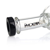 Closeup of Phoenix Star logo and black mouthpiece on the neck of the 9 inch recycler showerhead perc oil rig