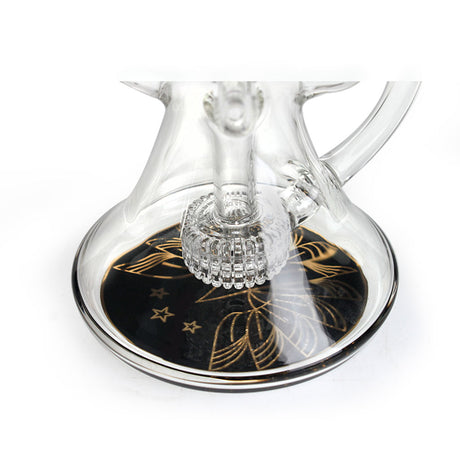 Base closeup of Phoenix Star 9 inch recycler oil rig showing showerhead perc and black disc with gold stars and leaf design