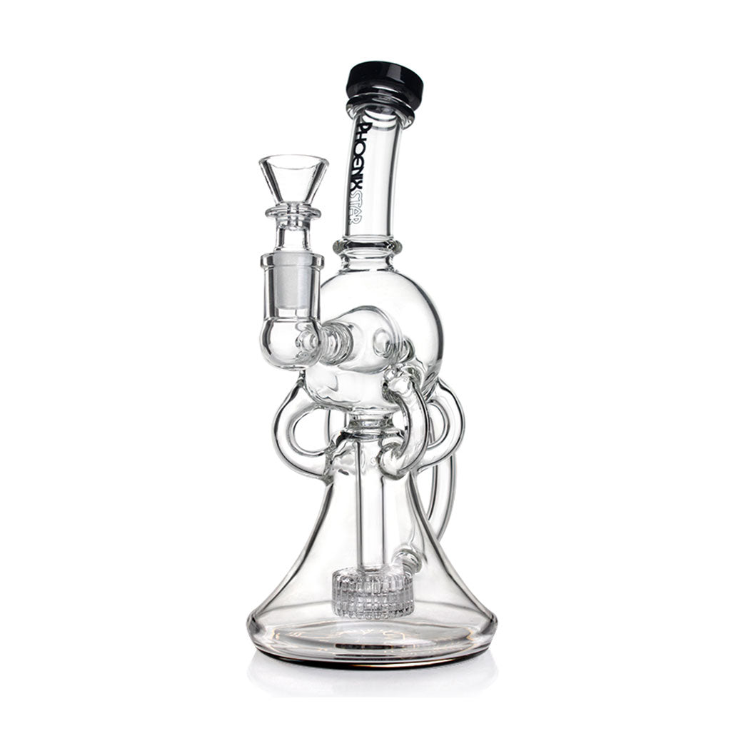 Phoenix Star 9 inch recycler showerhead perc oil rig with black accented mouthpiece and clear glass body