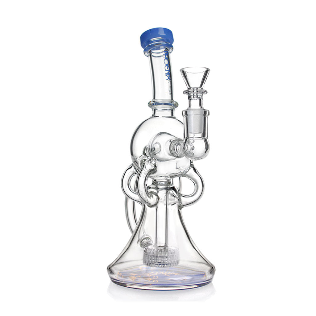 Phoenix Star 9 inch recycler showerhead perc oil rig with blue accented mouthpiece and clear glass recycler body