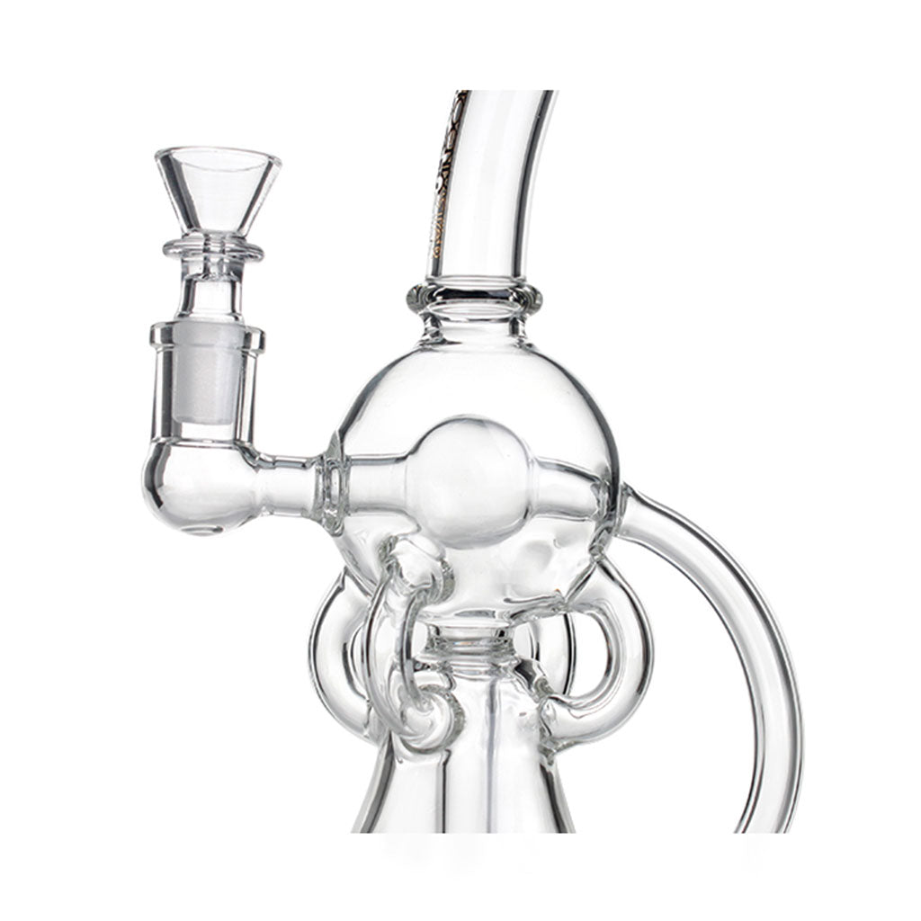 Recycler chamber and joint detail of Phoenix Star 9 inch showerhead perc oil rig with clear glass loops
