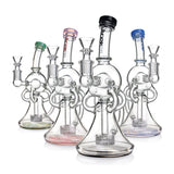  Lineup of Phoenix Star 9 inch recycler showerhead perc oil rigs showing black blue green and pink color variants