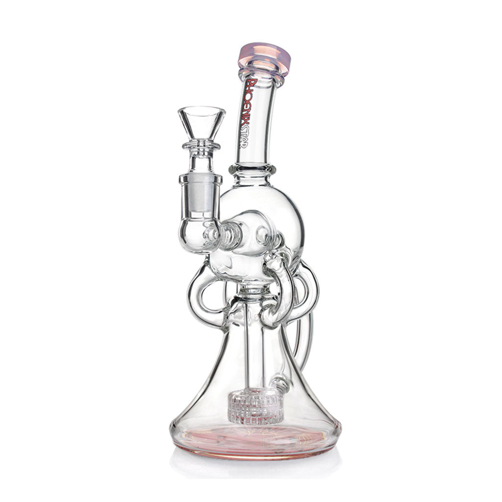 Phoenix Star 9 inch recycler showerhead perc oil rig with pink accented mouthpiece and clear glass body