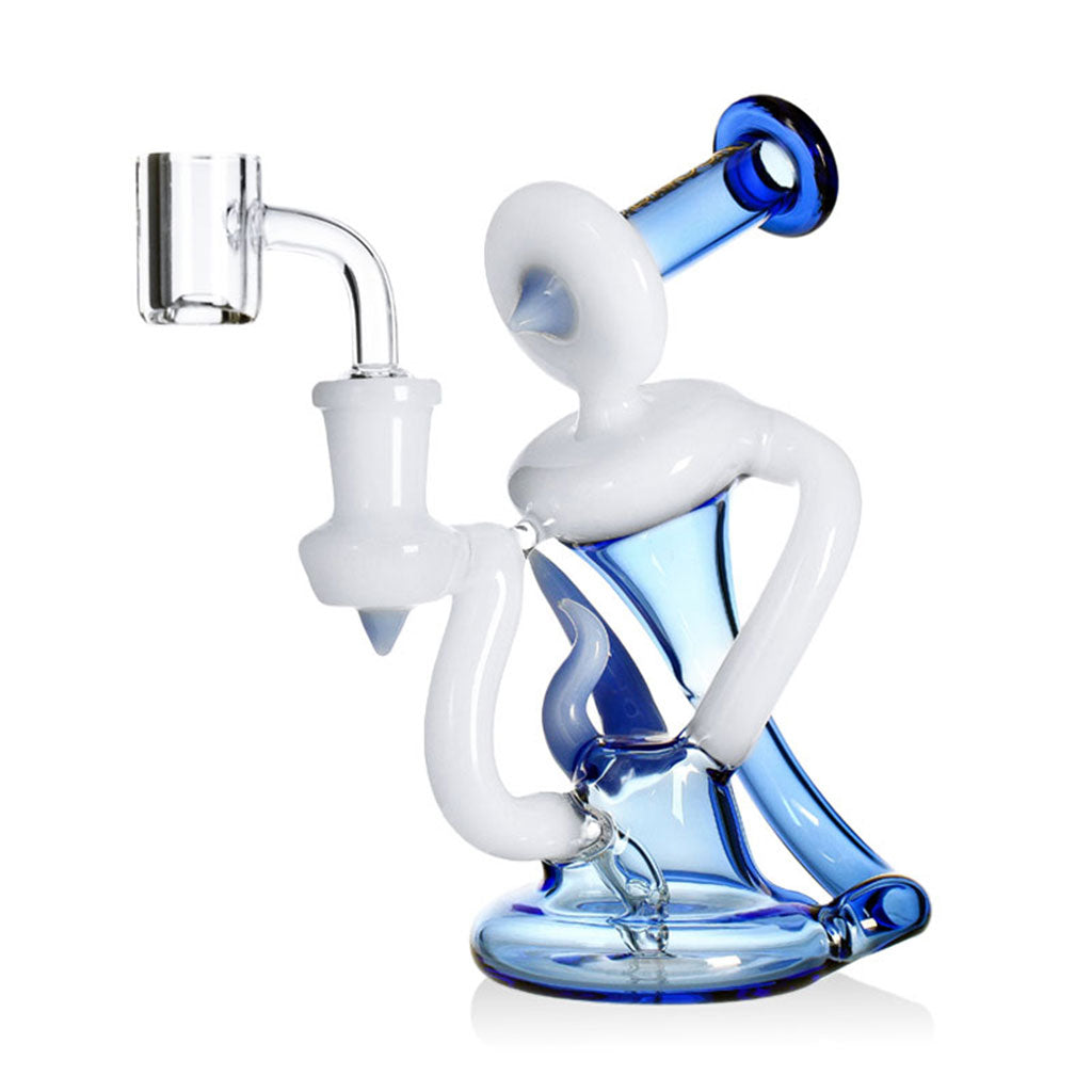 Phoenix Star 6 inch abstract figure recycler oil rig with blue accent body and quartz banger at FGC