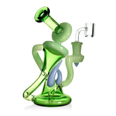 Phoenix Star 6 inch abstract figure recycler oil rig with green accent body and quartz banger at FGC