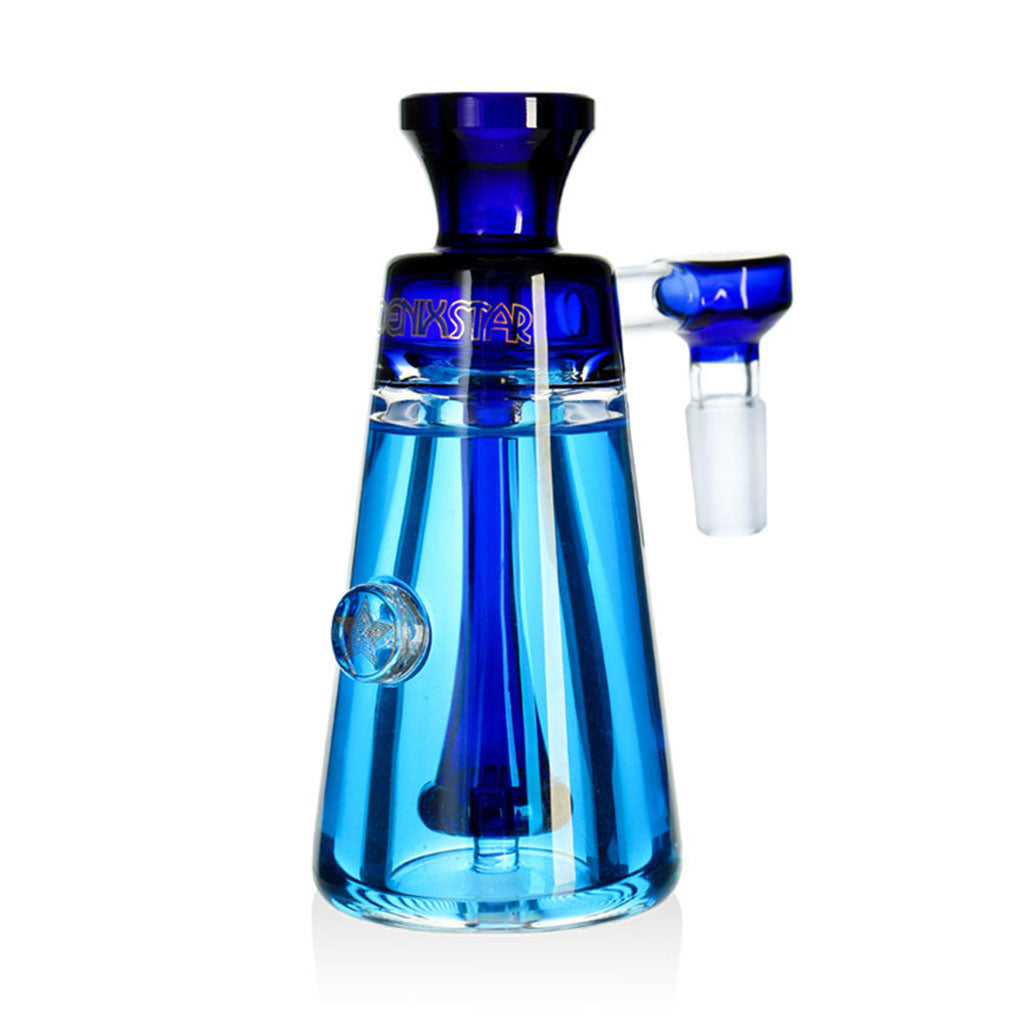 Phoenix Star cone ash catcher in blue with showerhead perc and 14mm 90 degree joint, available at Honeybee Herb for smoother, cleaner bong or dab rig hits.