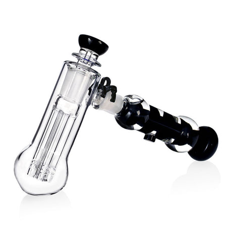 Side view of the black Phoenix Star freezable coil glycerin bubbler with clear chamber and dark coil handle