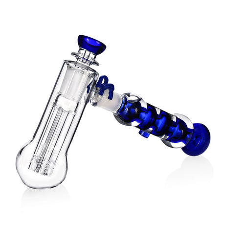 Side view of the blue Phoenix Star freezable coil glycerin bubbler with clear perc chamber and colored handle
