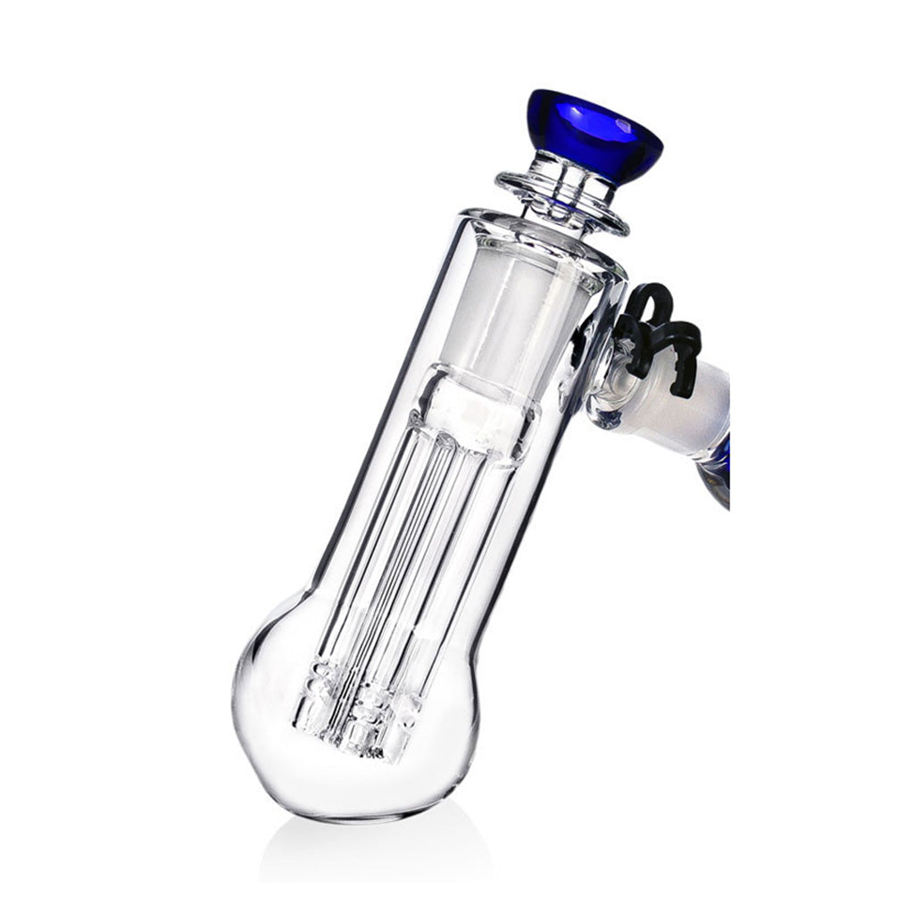 Close up of the Phoenix Star freezable coil glycerin bubbler clear chamber with blue mouthpiece and five arm perc