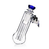 Close up of the Phoenix Star freezable coil glycerin bubbler clear chamber with blue mouthpiece and five arm perc