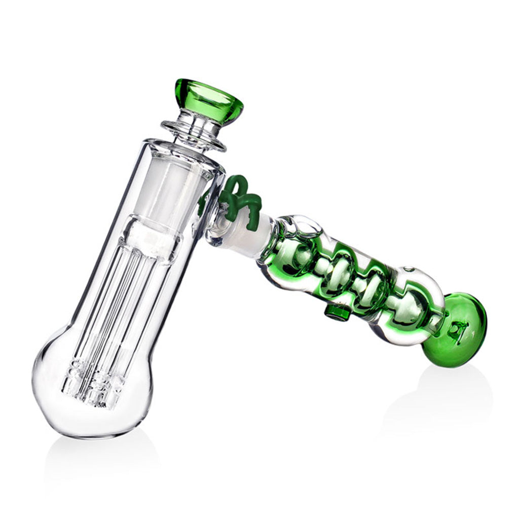 Angled view of the green Phoenix Star freezable coil glycerin bubbler showing tree perc chamber