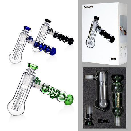 Phoenix Star freezable coil glycerin bubbler set showing clear body with black blue and green handles next to the box