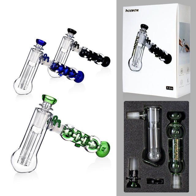 Phoenix Star freezable coil glycerin bubbler set showing clear body with black blue and green handles next to the box