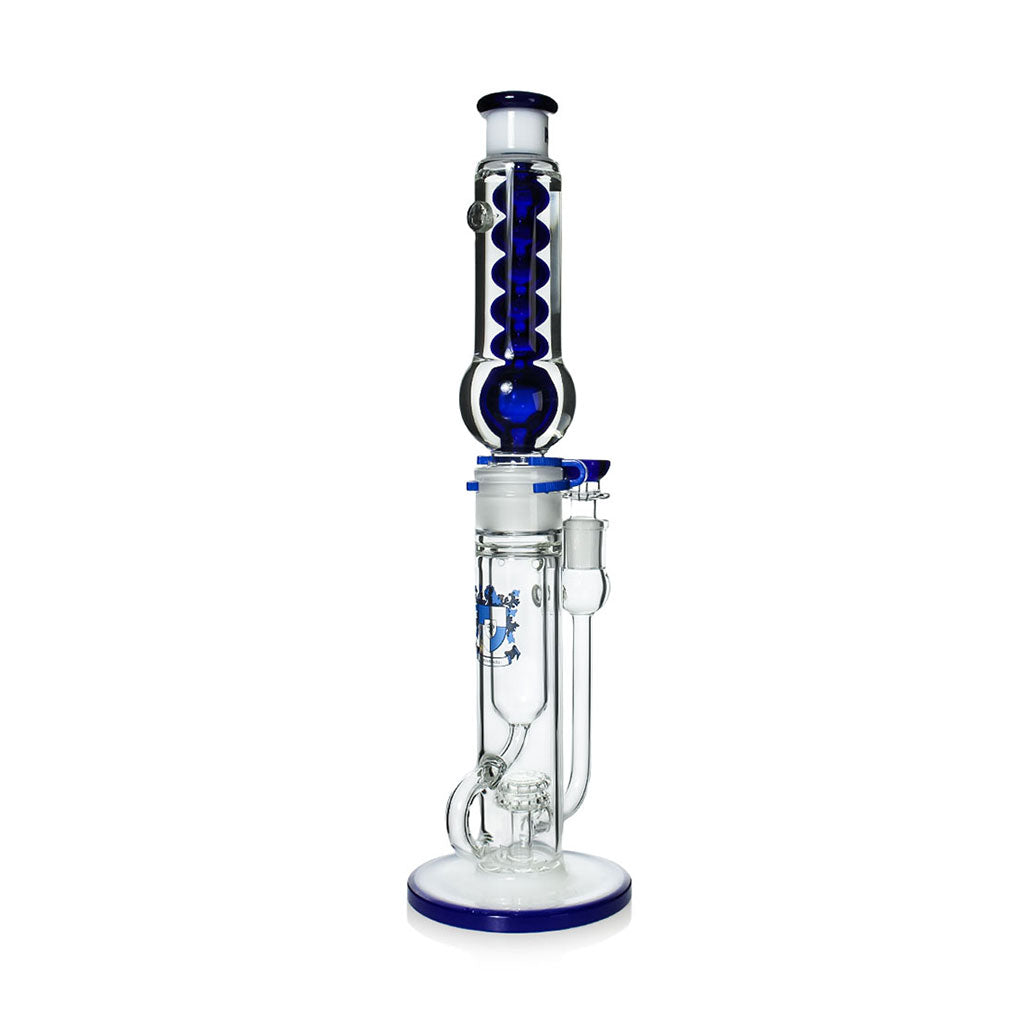 Blue Phoenix Star freezable coil Klein recycler water pipe with spiral glycerin coil, standing on white background, ready to buy from Fat Ass Glass. 