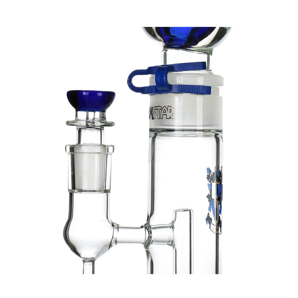 Closeup of blue bowl, joint and clamp on Phoenix Star glycerin condenser matrix perc bong, detailed product shot to buy from Fat Ass Glass.  