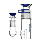 Closeup of blue bowl, joint and clamp on Phoenix Star glycerin condenser matrix perc bong, detailed product shot to buy from Fat Ass Glass.  