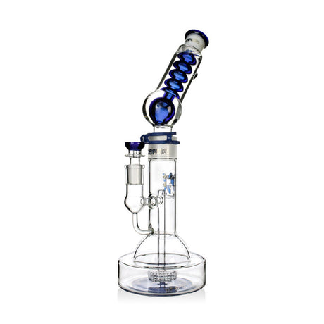 Full view of blue Phoenix Star glycerin condenser matrix perc bong on round base, tall glass water pipe available now at Fat Ass Glass.
