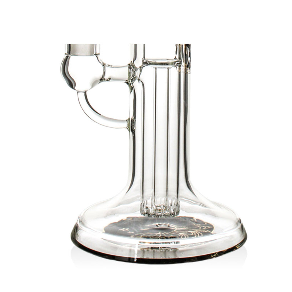 Base and showerhead perc detail of the black Phoenix Star glycerin condenser recycler bong, available at Fat Ass Glass for smooth filtered hits.