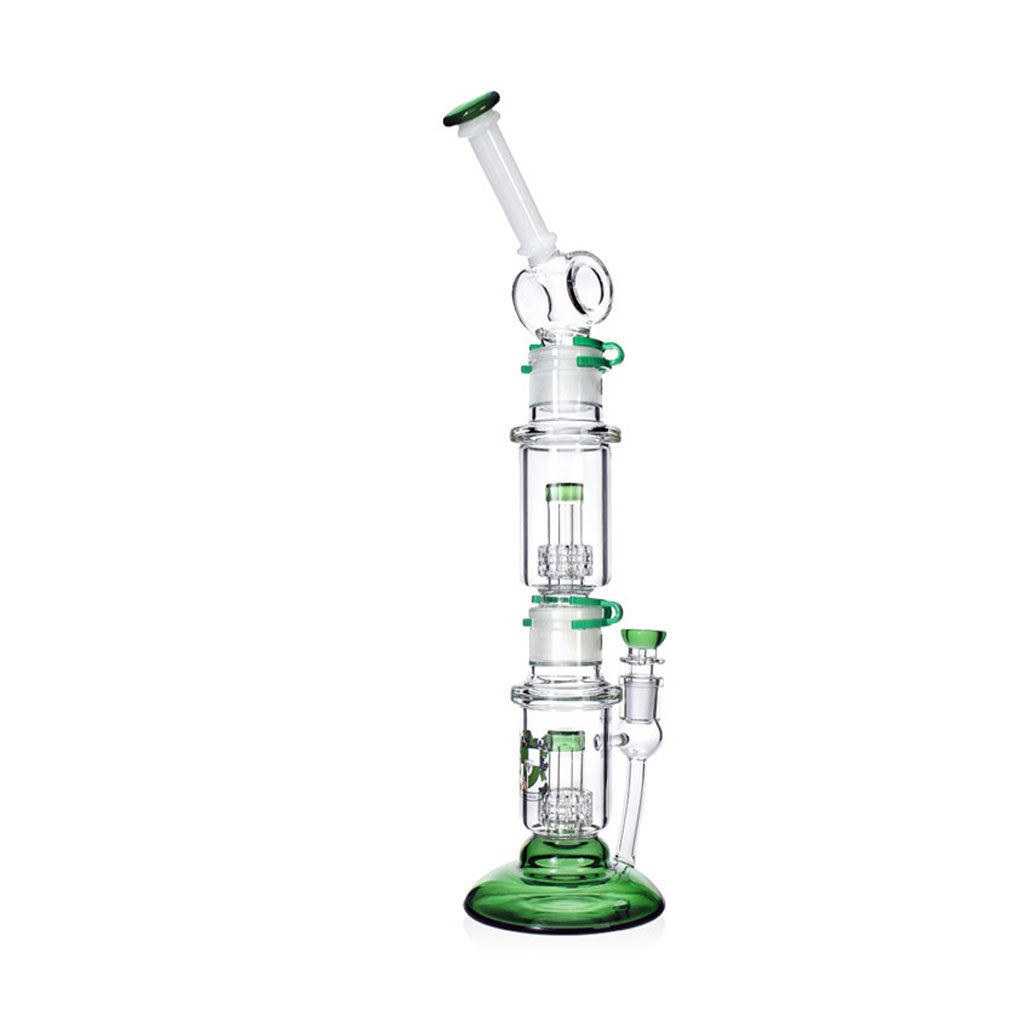 Full green-accent Phoenix Star modular triple stack bong with double matrix percs, available to order from Fat Ass Glass.