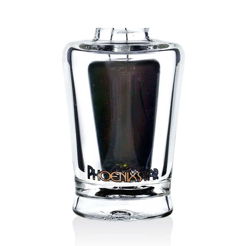 Base and logo detail of the black Phoenix Star Puffco Peak Pro recycler attachment, a replacement glass upgrade