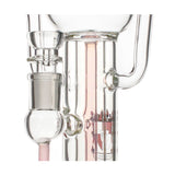 Closeup of Phoenix Star recycler bong joint in pink – buy quality recycler bongs online 8. Phoenix Star recycler bong pink base detail – order 15.5 inch glass bongs at Fat Ass Glass